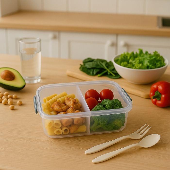 Lancheira de Plástico - Sem BPA - 1L - 2 Compartimentos - Talheres Incluídos - Micro-ondas & Lava-louças