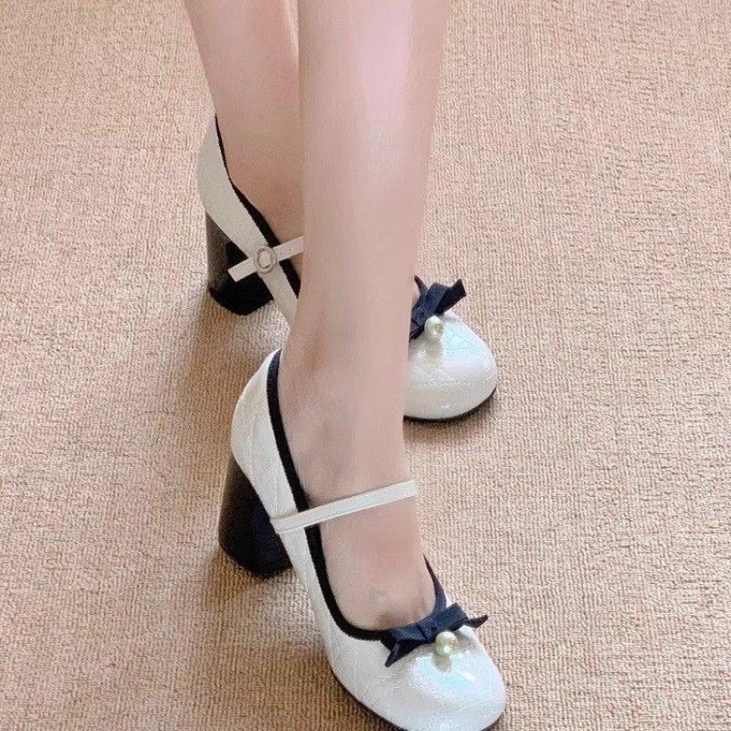 Fashion 2025 Baotou Sandals Pearl Fashion Lace Bachun Spring Dance Shoes Single Shoes Butterfly Knot Lei Wear New Coarse Heel