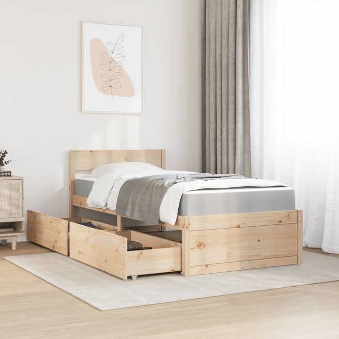 VidaXL Bed with Drawers and Mattress 100x200 Cm Solid Pine Wood, Bedroom Furniture, Wooden Bed, Bed with Drawer, 3281904