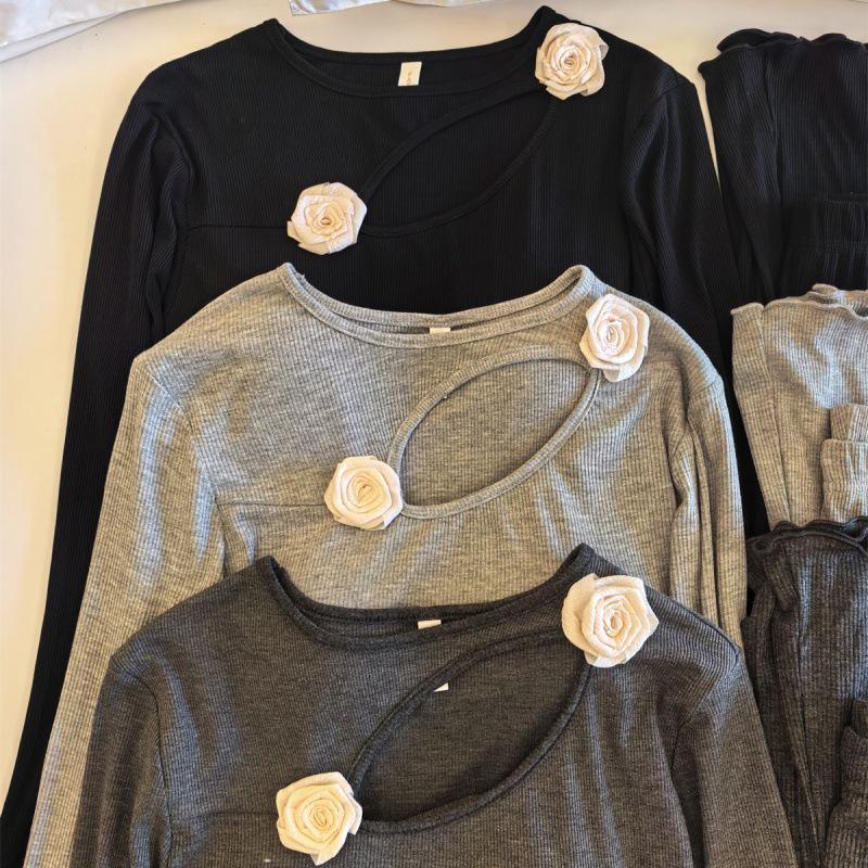 High-End Korean Spring & Autumn Women's Modal Cotton Home Wear Set with Rose Design and Chest Pad