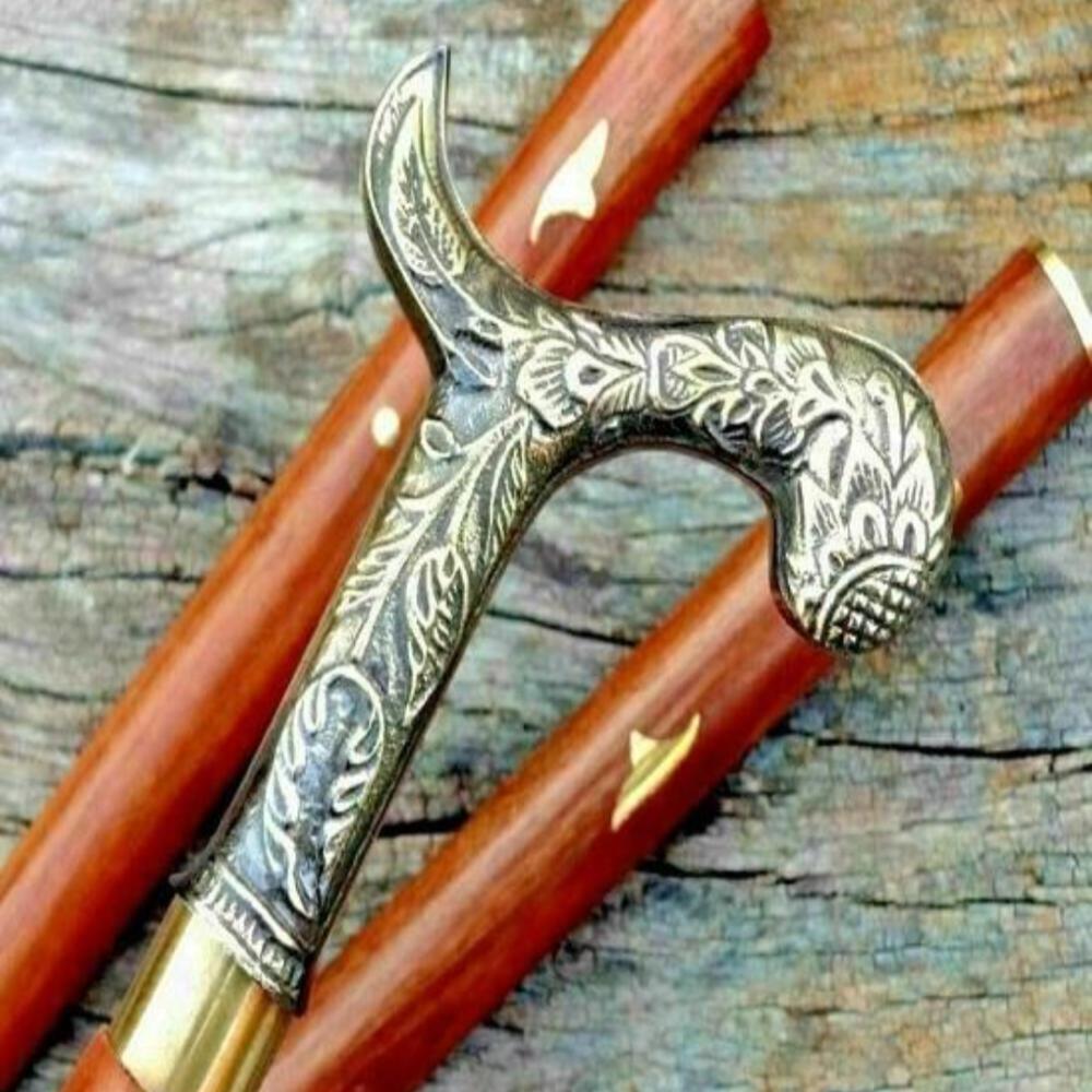 Vintage Brass Handle Wooden Walking Stick Cane – 93.98 Cm, Antique Design