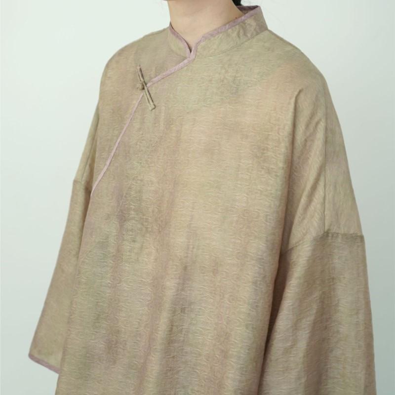 Johnature Women Chinese Style Shirts Solid Color Stand Tops Vintage Blend Summer Blouses Seven Sleeve Button Shirts