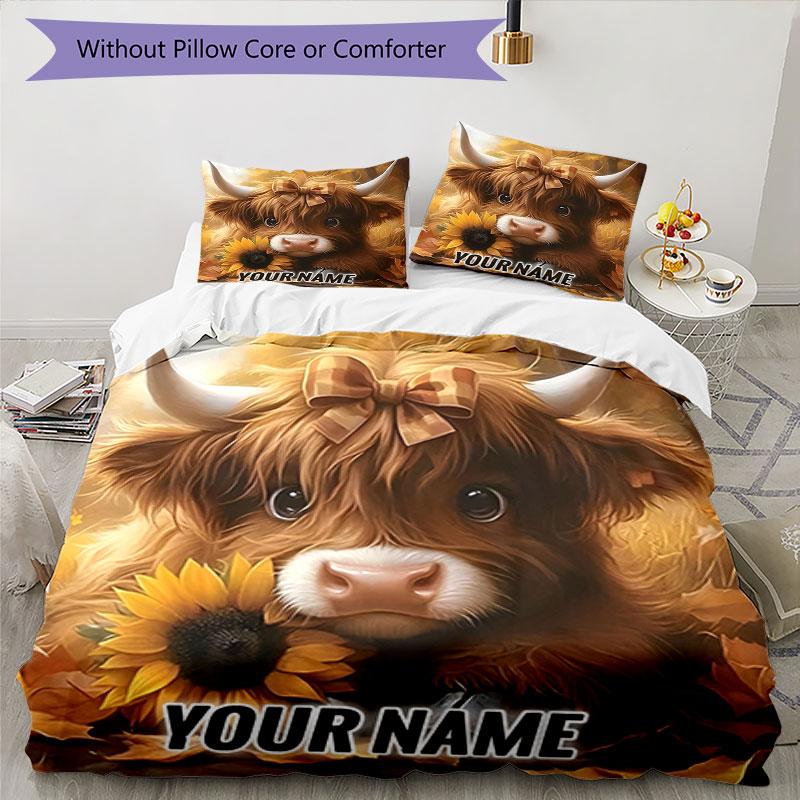 3PC Custom Name Autumn Highland Cow Portrait Bedding Set Printed Bedding Set Duvet Cover Closure Includes 1 Duvet Cover & 2 Pillowcases for All Season