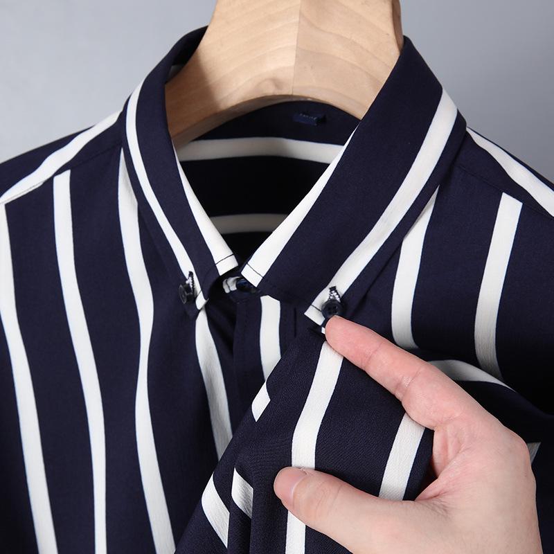 Men's Business Casual Striped Long Sleeve Shirt with Button-Down Collar