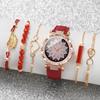 6pcs/set Fashion Women Leather Strap Flower Quartz Watch & Bracelet Set