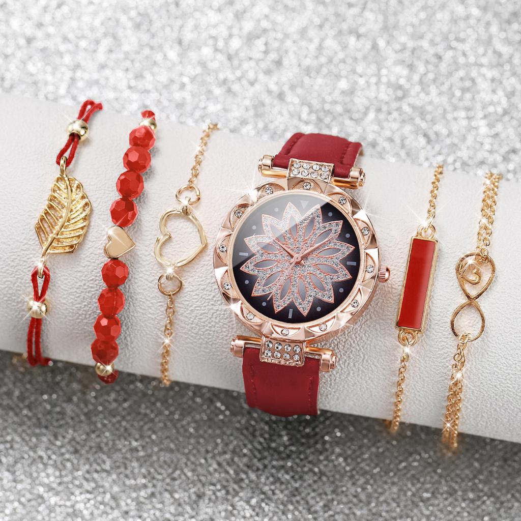 6pcs/set Fashion Women Leather Strap Flower Quartz Watch & Bracelet Set