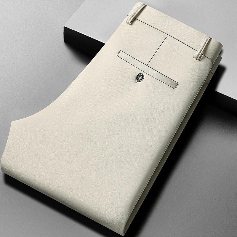 Calças de Verão Masculinas Finas Retas Elásticas Casuais com Tecido Sem Marca Sem Passar Sensação Sedosa e Fresca