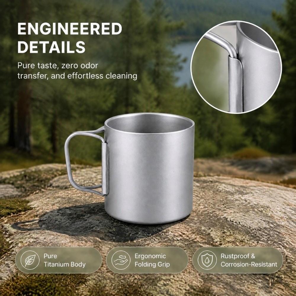 Double Wall Titanium Water Cup Foldable Handle Outdoor Coffeee Bottle Camping Mug Backpacking