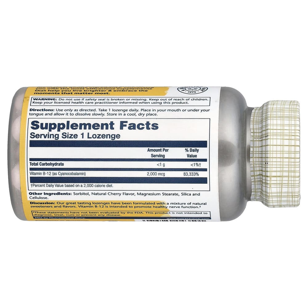 iHerb Solaray Vitamin B12 Cherry Flavor Sugar-Free 2000mcg Lozenges, 90 Count
