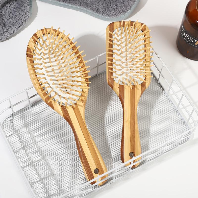 Professional Oval-shaped Natural Bamboo Hairbrush Anti-Static Airbag Scalp Massage Brush with Cushion Pin Paddle Detangling Comb