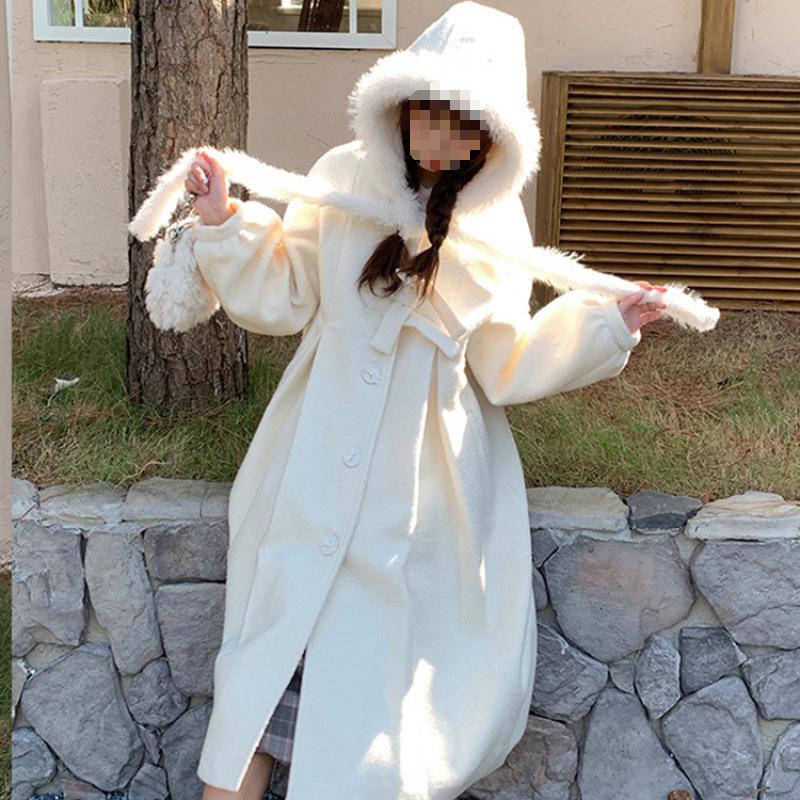Women's White Wool Hooded Overcoat - Long Sleeve, Loose Fit, 2024 Autumn/Winter