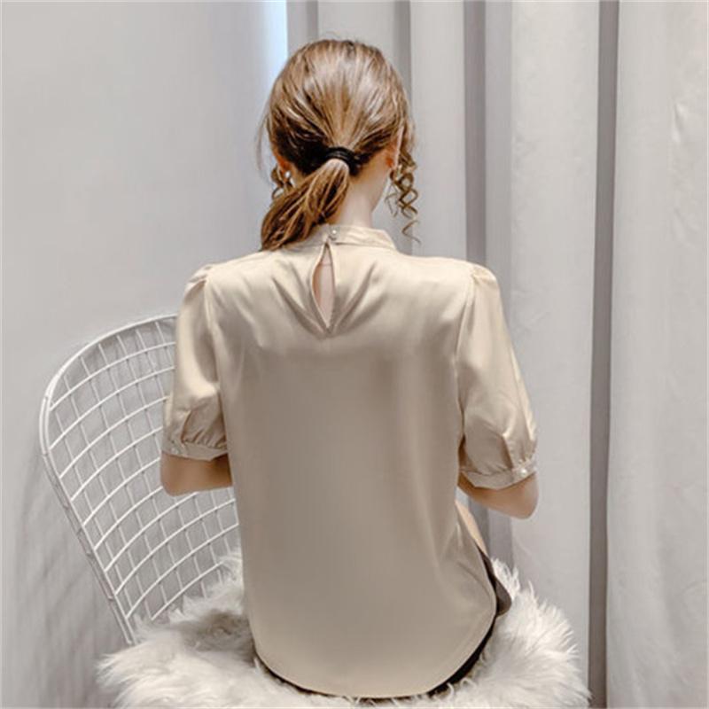 Women Summer Style Blouses Shirts Lady Fashion Casual Puff Short Sleeve O-Neck Solid Pearl Blouses Tops