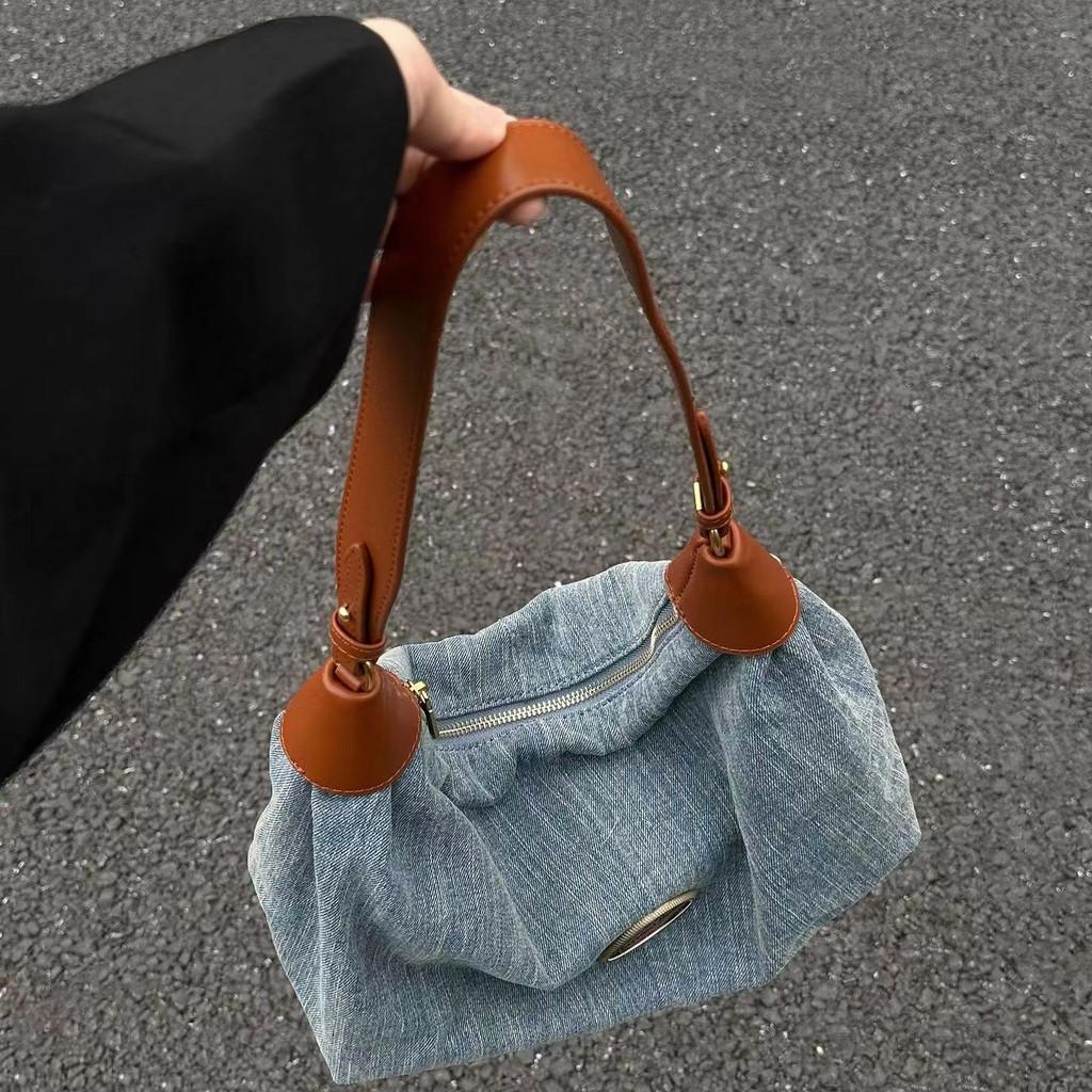 IELGY Retro Large-Capacity Denim Underarm Bag French One-Shoulder Underarm Bag Niche Design Tote Bag