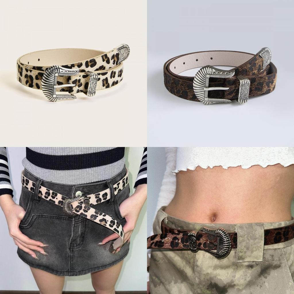 Leopard Print Pu Leather Belt With Vintage Carving And Metal Buckle For Streetwear Style
