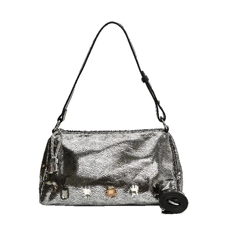 Retro New Shoulder Axillary Sequin Ladies Bags  High Quality Solid Nylon Soft Zipper Fashion Crossbody Bag