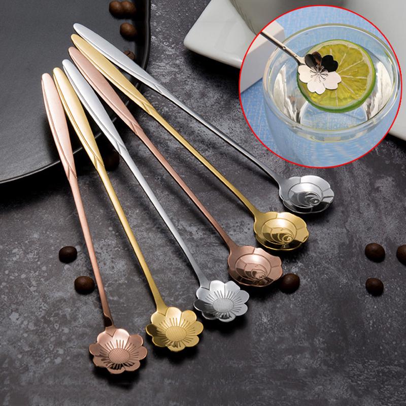 1pc Party Teaspoons Spoon Flowers Tableware Stainless Steel Long Handle