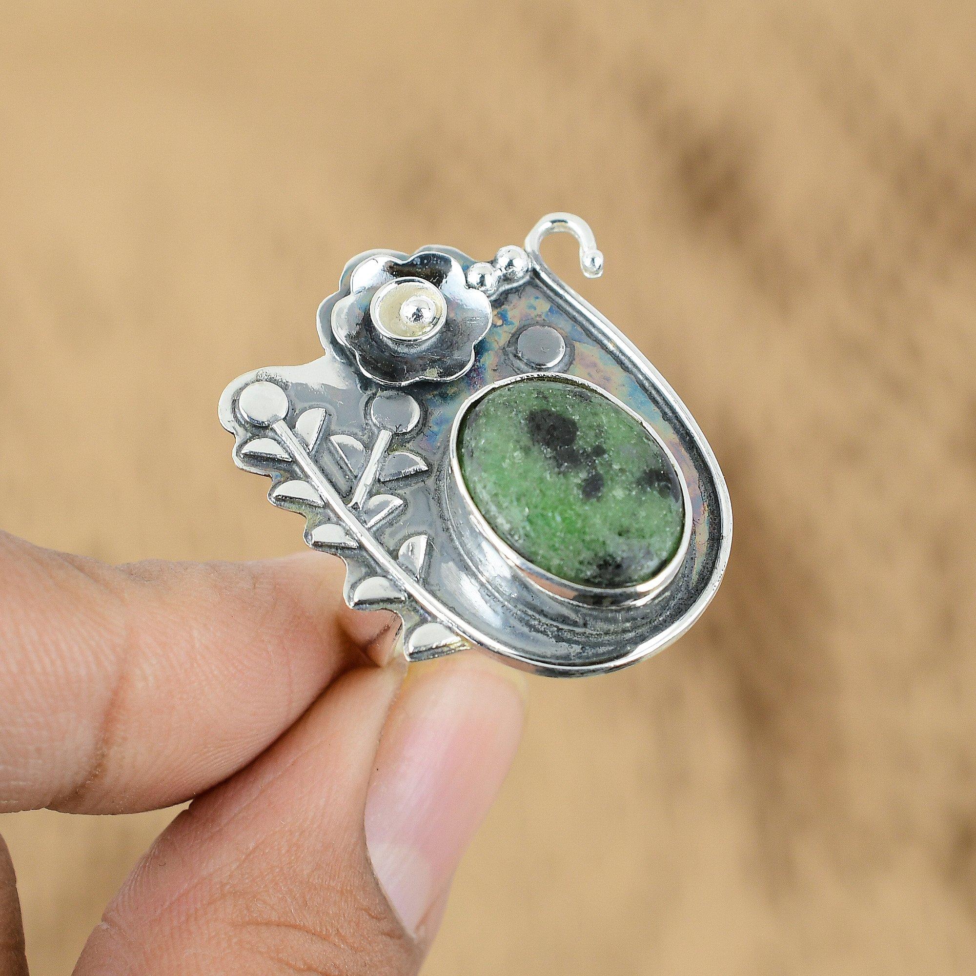 

Sterling Silver Ruby Zoisite Stone Art Deco Flower Statement Promise Ethnic Ring Yes