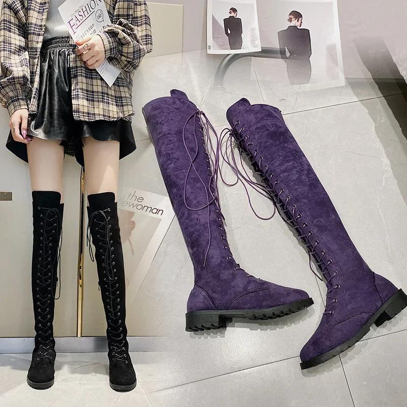 Casual Women's Boots Low Heels Flock Winter Over Knee Boots for Woman Lace Up Fashion Female Thigh High Boots