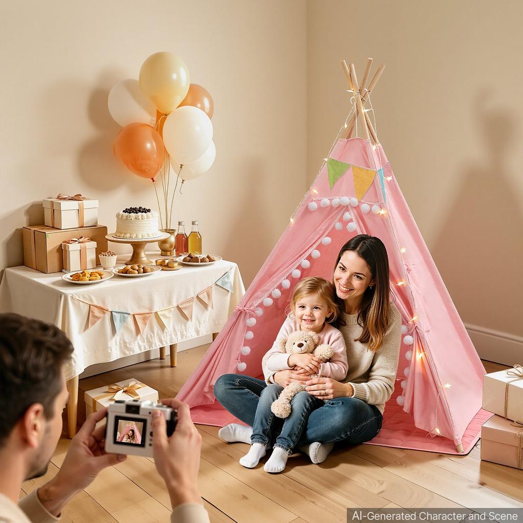 VEVOR Kids Play Tent Pine Wood Teepee Tent for Kids Cotton Canvas Pink, for Toddlers Girls Boys Play, Indoor & Outdoor, with Padded Mat, Stars Lights