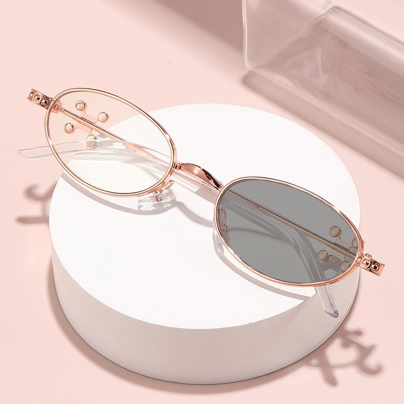 New Trendy Oval Frame Diamond Photochromic Myopia Glasses Fashion Anti Blue Light High-definition Ultra Light Near Sight Glasses