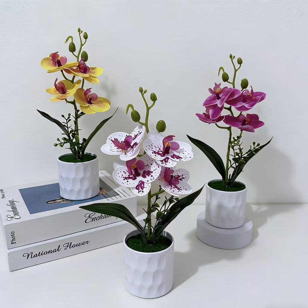 Butterfly Orchid Faux Plant With Handcrafted Plastic Base For Office Decor