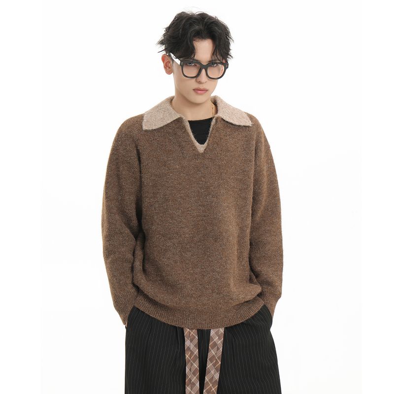 

Acrardic Fake Two-Piece Design Double V-Neck Sweater for Men, Old Money Style Casual Warm Inner Knit Top Trendy Brown X L