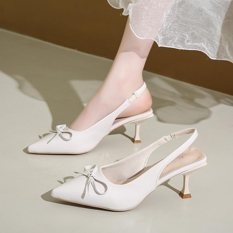 2025 new fashion bow patent leather light mouth sandals spring and summer pointed head bag head French and fairy beige shoes