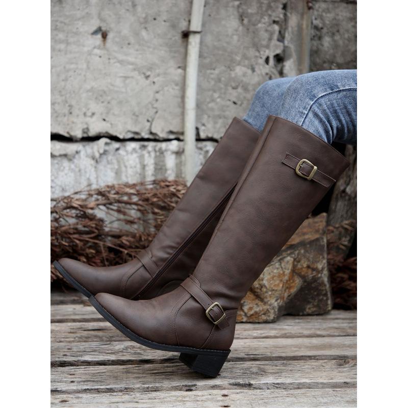 Large size women's winter new women's leather boots side zipper high boots high heel belt buckle knight boots