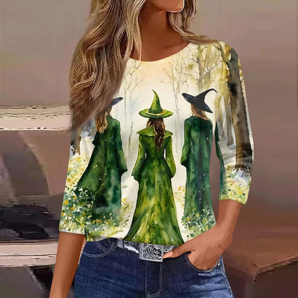Women's Casual Top with Halloween Print Three Quarter Sleeve Neck Pullover for Fall Everyday Wear