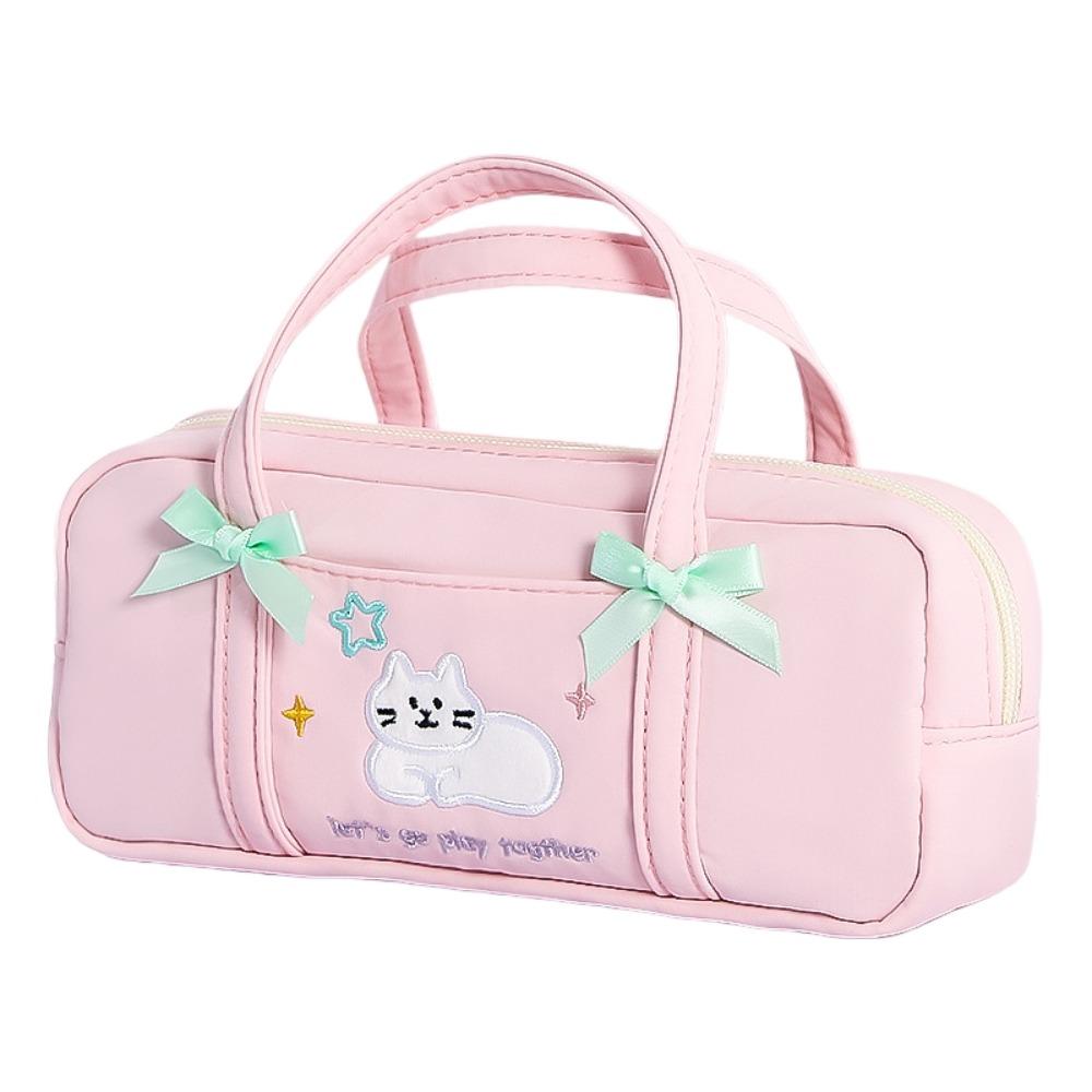 

Cartoon Cat Korean Stationery Bag Embroidery Cat Pen Storage Bag Handheld Pencil Bag Children рожевий