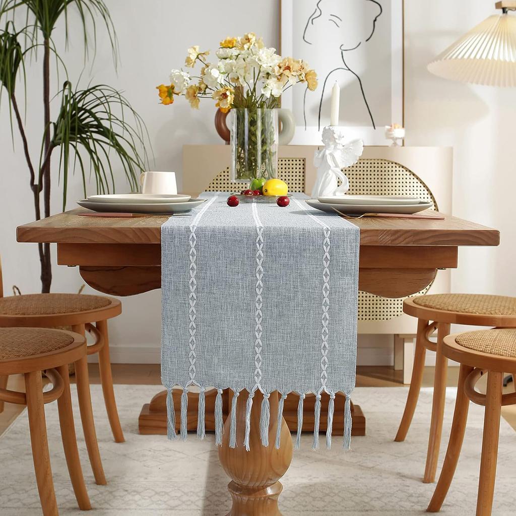 Party, Dresser Decor and Dining Room Decorations Rustic Cotton Linen Table Runner  with Hand-Tassels