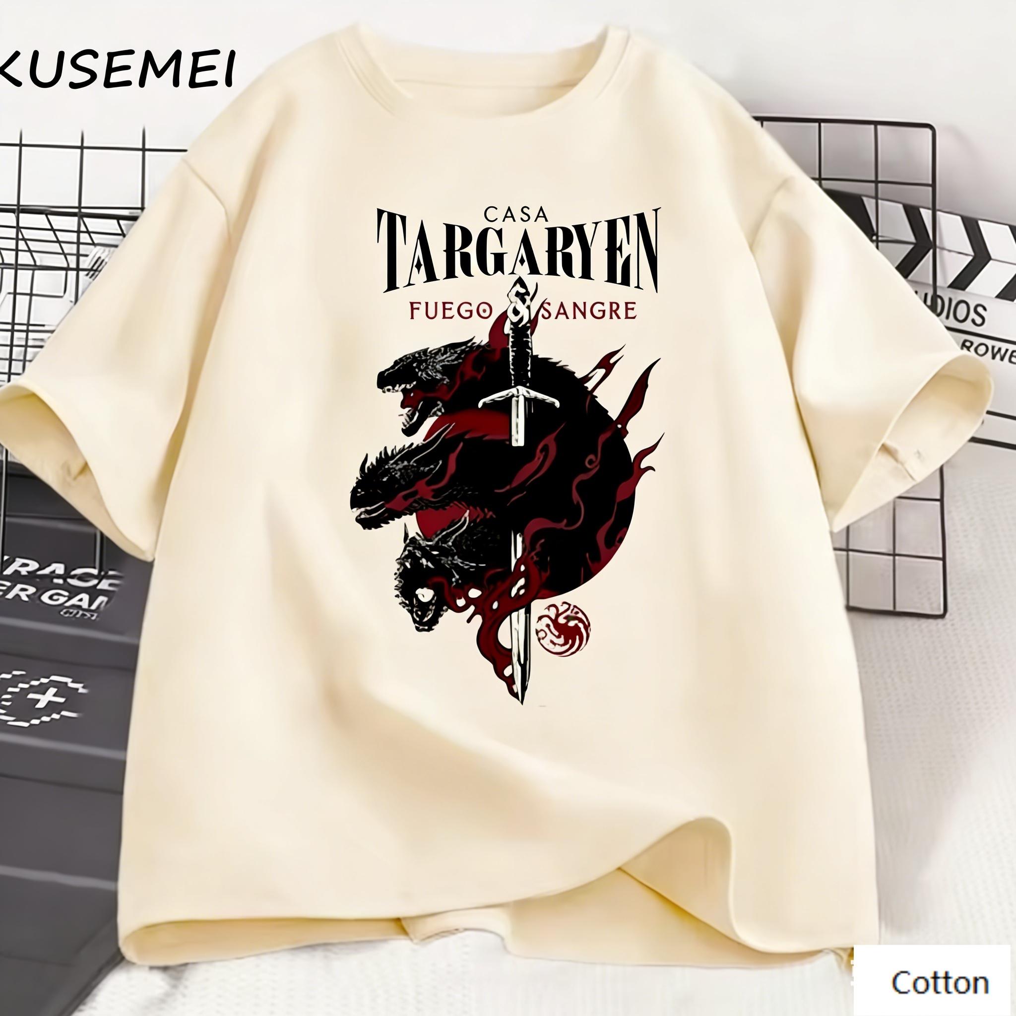 Oversized Beige Cotton TShirt with Bold House Targaryen ThreeHeaded Dragon and Sword Graphic Unisex Streetwear Tee S
