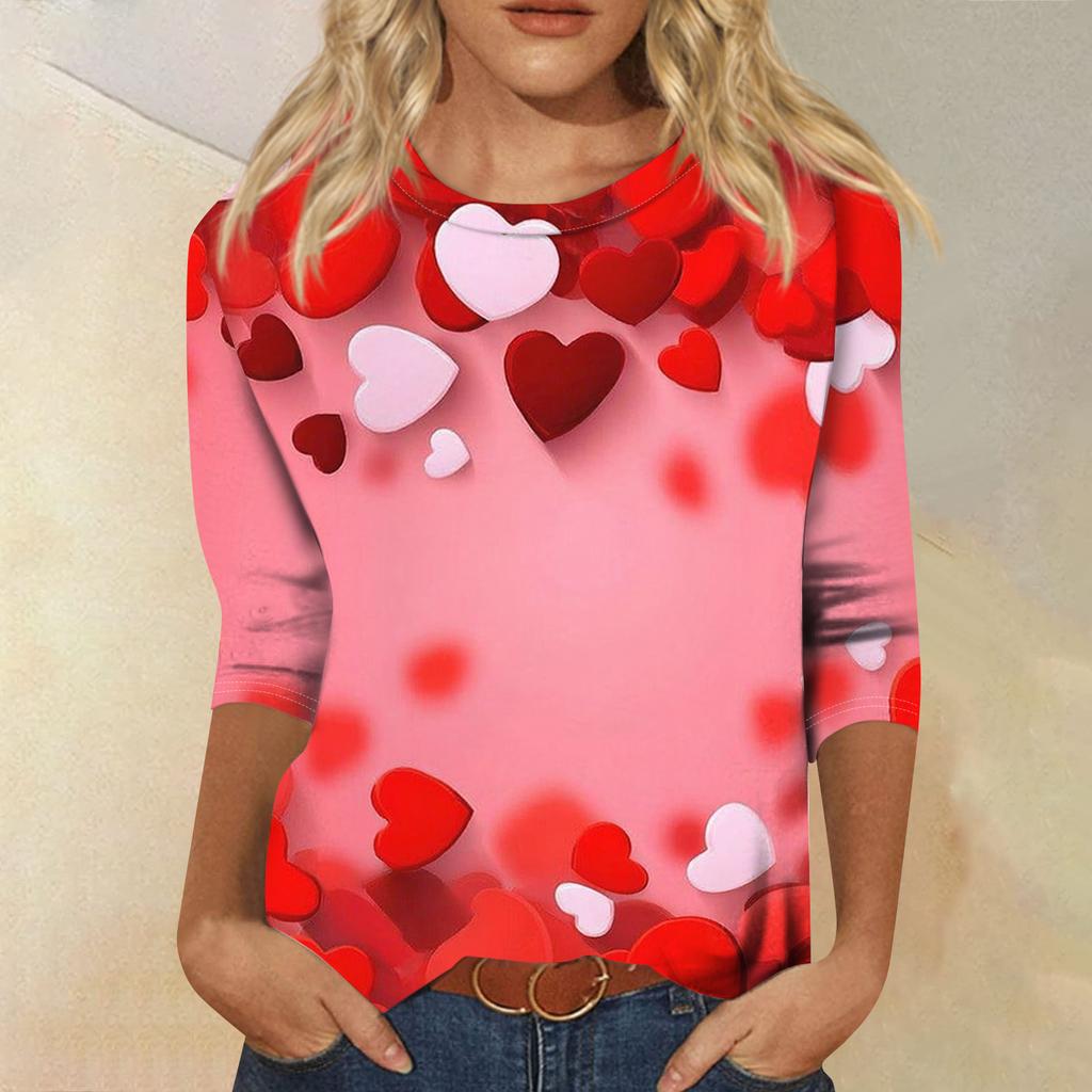 Women's Fashionable Casual Three-quarter Sleeve Valentine's Day Printed Round Neck Top