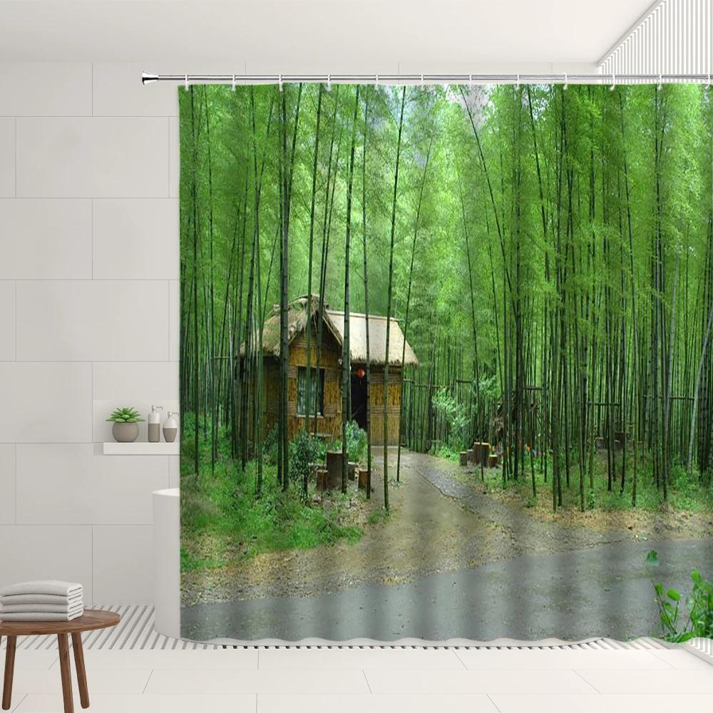Farm Scenery Shower Curtain Old Retro Farmhouse Green Bamboo Forest Tree Autumn View Garden Decor Wall Covering Bathroom Screens