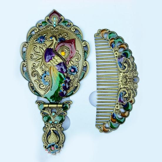 Vintage Folding Hand Mirror with Carved Comb Portable Travel Long Handle Metal Makeup Mirror Women Decorative Handheld Desk Vanity Mirror