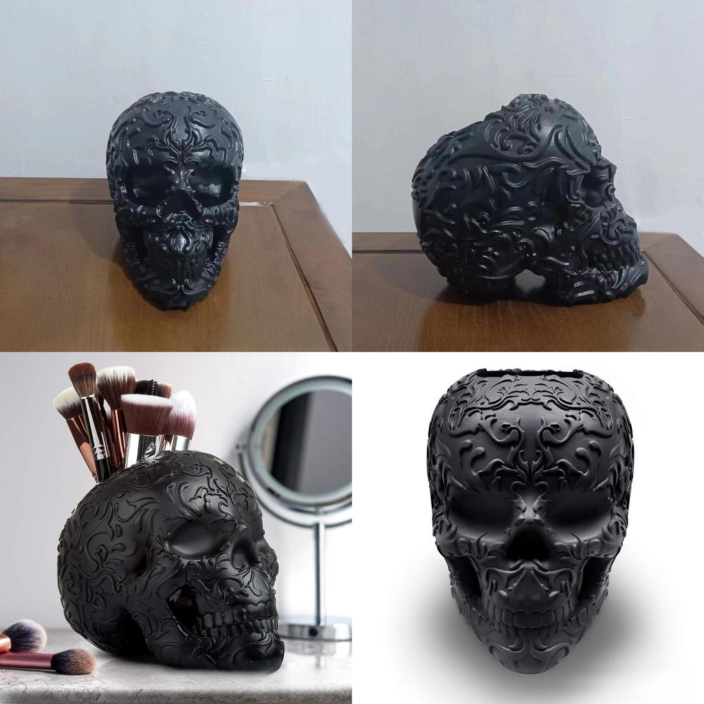 Unique Black Skull Makeup Brush Holder Decorative Resin Craft For Halloween Home Dcor
