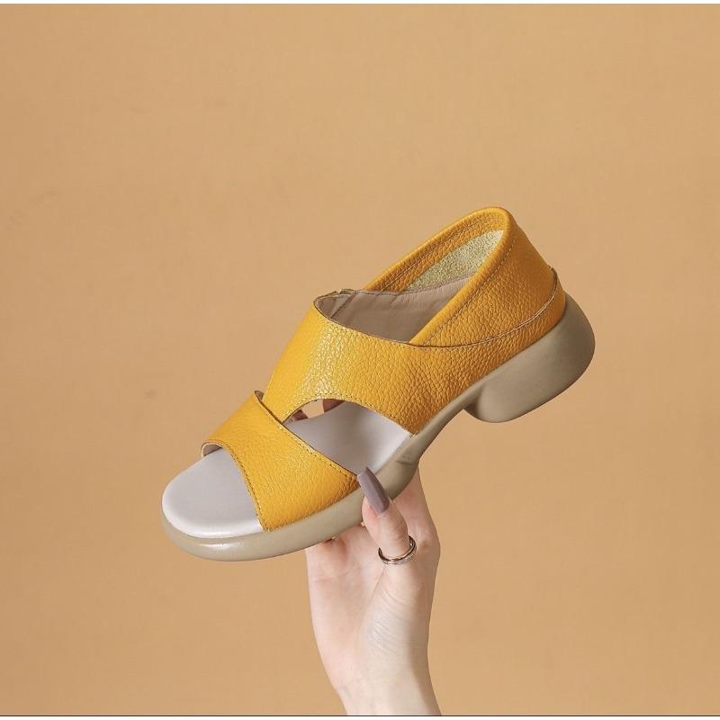 Genuine Leather Women Sandals Summer Casual Shoes Flat Soft Comfort Mother Shoes Yellow Black Plus Size 41