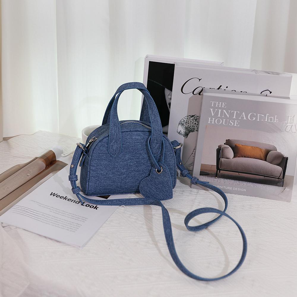 Internet Celebrity Same Retro Denim Portable Boston Bag Casual Soft Surface Solid Color Shoulder Messenger Bag Women's Simple Bag