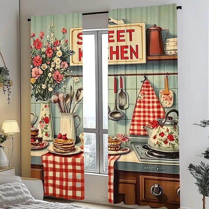Farmhouse Retro Kitchen Patterned Printed Curtains Window Decorations Home Room Curtain For Cooking Area Made Of Polyester