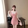 Summer new pink dress women's lace splicing bow waist skirt short skirt