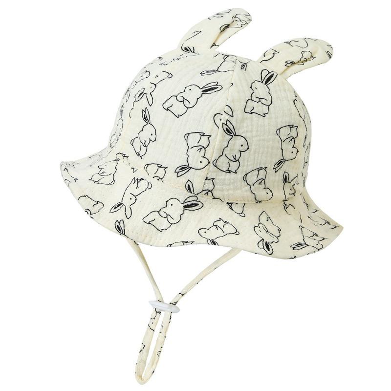 New Baby Gauze Basin Hat Baby Pleated Printed Bucket Hat Rabbit Ear Sun Hat 3-12M