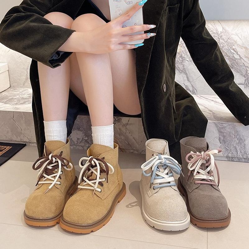 Big Round Toe Low Heel Single Shoes Autumn New Lace-Up Front Suede Anti-Slip Wear-Resistant Shoes