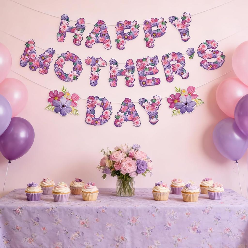 Mothers Day Happy Bunting Mother's Day Banner Pink Purple Letter Flower Garland