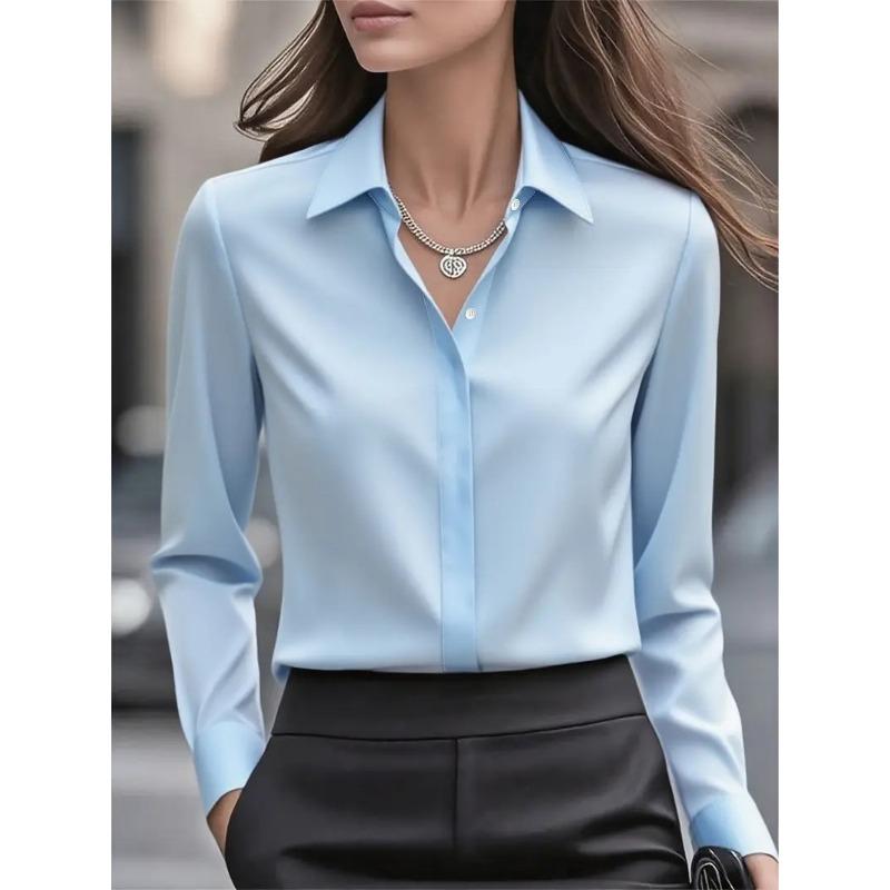 

HNXC U Women s Fashion Casual Solid Color Print Long Sleeve POLO Neck Blouses & Shirts XXL небо синє кольору