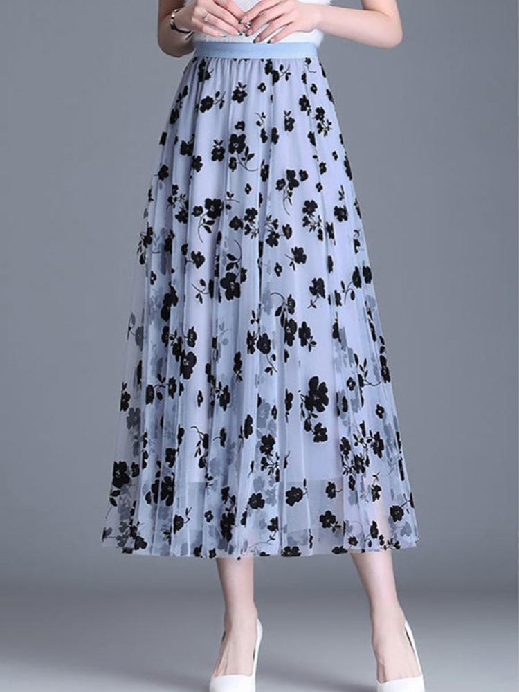 Women's Mesh Flower Skirt 2024 Spring Summer Lace Flocking Big Swing Elastic High Waist Fashion Elegant A-line Skirt Half skirt