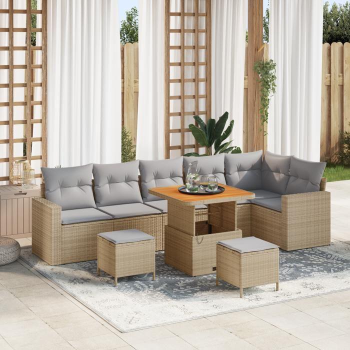 Ensemble de Canapé de Jardin de 9 Pièces avec Coussins Beige Rattan Poly Acacia, Ensemble de Dîner de Jardin 3 Pièces 3361632