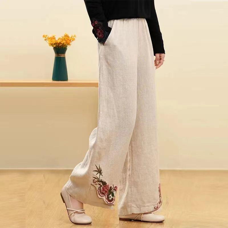 Retro Chinesischer Stil Lockere Bestickte Weitbeinige Hose für Damen Hohe Taille Freizeithose Gerades Bein Hose für Damen