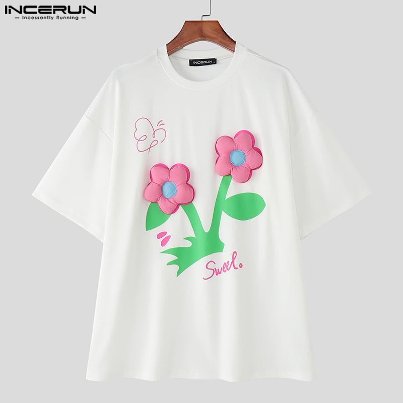 INCERUN Men Round Neck Short Sleeve 3D Print Stitching Casual Loose T-shirts