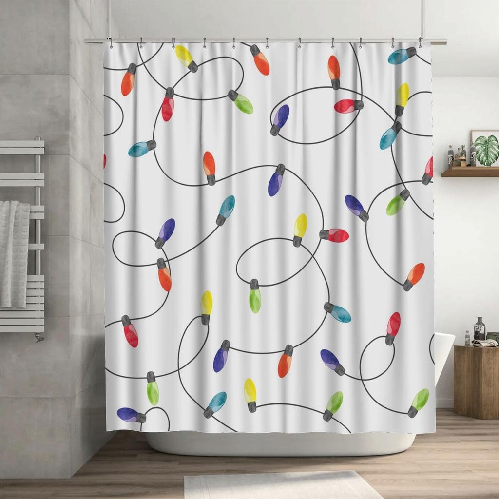Watercolor Christmas Lights Shower Curtain Set with Hooks, Colorful Waterproof Polyester Fabric Bathroom Decor for Holiday Home