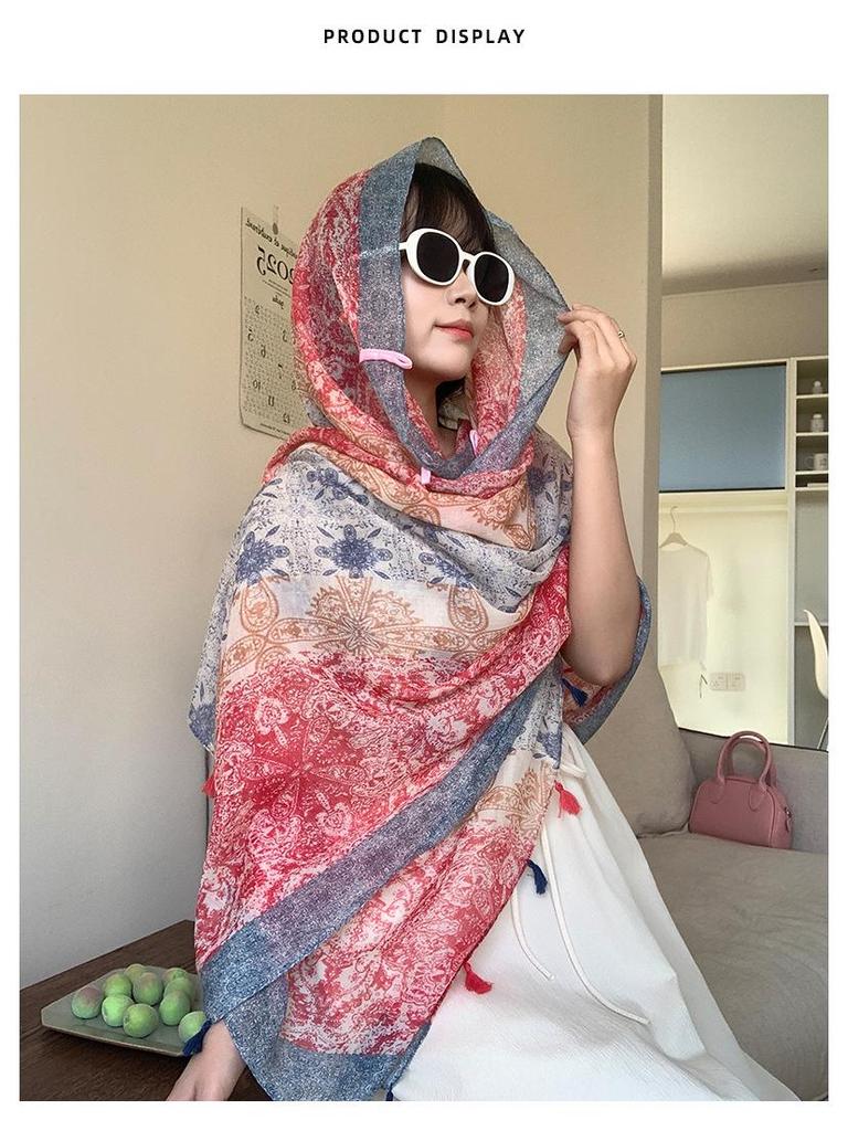 "Summer Ethnic Style Cotton-Linen Shawl: Handmade Retro Button Sunscreen Beach Cover-Up"